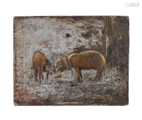 Attributed to Charles Emile Jacque, French 1813-1894- Two pigs in a sty; oil on panel, bears