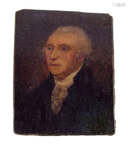 After Gilbert Stuart, American 1755-1828- Portrait of George Washington; oil on panel, 7.5x5.