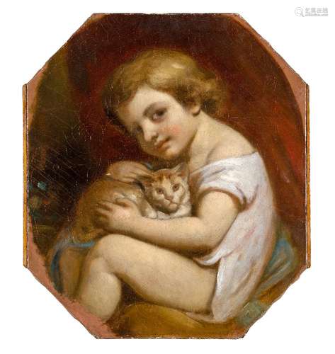 Follower of George Romney, British 1734-1802- A child with a cat; oil on canvas, octagonal,