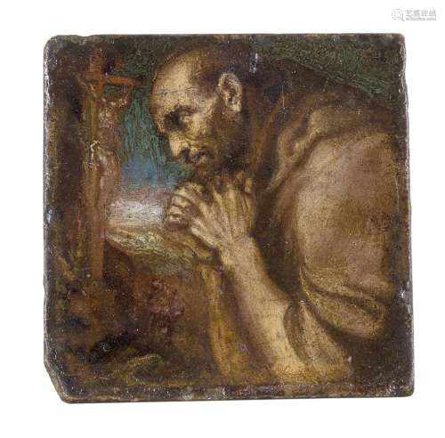 Manner of El Greco, late 17th century- Friar praying; oil on marble, 12x12cmPlease refer to