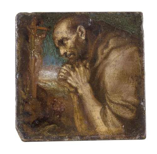 Manner of El Greco, late 17th century- Friar praying; oil on marble, 12x12cmPlease refer to