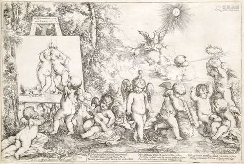 Giovanni Andrea Podesta, Italian 1608-1673- Allegory with Cupids; etching, 27x40.5cm (unframed)