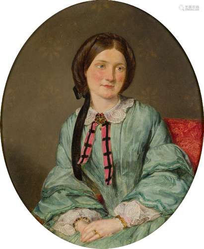 William Gale, British 1823-1909- Portrait of a lady seated half-length in a turquoise dress; oil