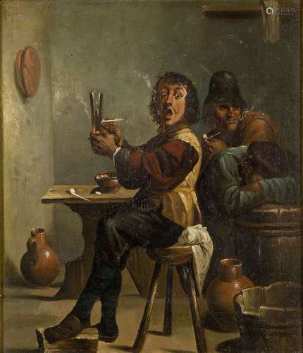 Manner of Adriaen Brouwer, mid-19th century- Men drinking and smoking in an interior; oil on canvas,