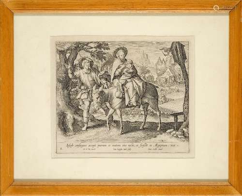 Jean-Baptiste Barbé, Flemish 1578-1649- The Flight into Egypt, after Maerten de Vos; copperplate