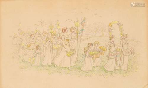 Kate Greenaway RI, British 1846-1901- Procession of Maidens with Yellow Flowers (