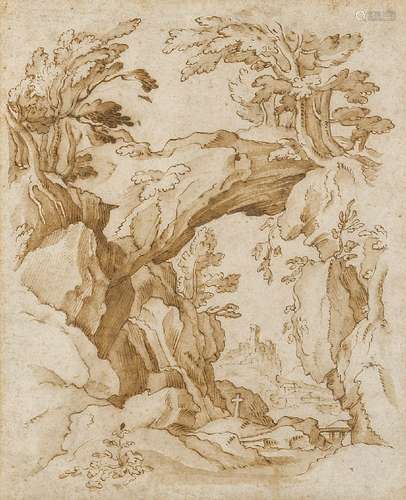 Attributed to Remigio Cantagallina, Italian c.1582-1656- Mountainous wooded landscape with a cross