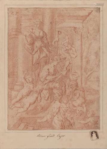 Adam Friedrich Oeser, German 1717-1799- Allegorical figure group on the steps of a temple; red chalk