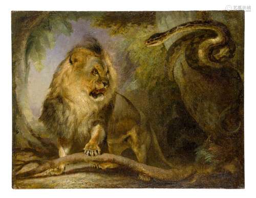 Attributed to William Huggins, British 1820-1884- A Lion and a Serpent; oil on panel, 39x51cm (