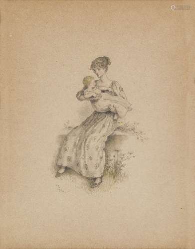 Kate Greenaway RI, British 1846-1901- Mother and child; watercolour over pencil on paper, signed