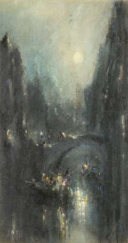 Frank Wasley, British 1848-1934- Night Scene, Venice; charcoal, pastel and gouache, signed,