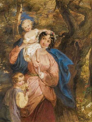 Frederick Richard Pickersgill RA, British 1820-1900- Mother and two children in a wood; watercolour,