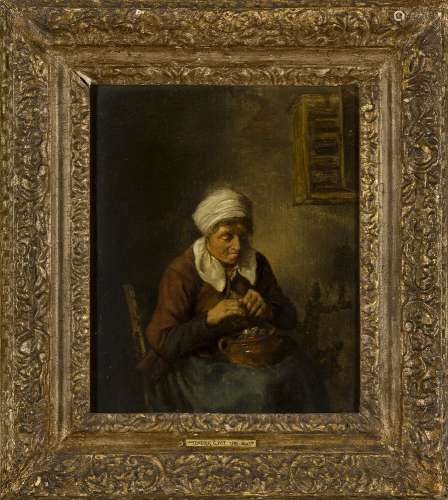 Dutch School, early-mid 17th century- An old woman warming her hands over a pot of coals; oil on