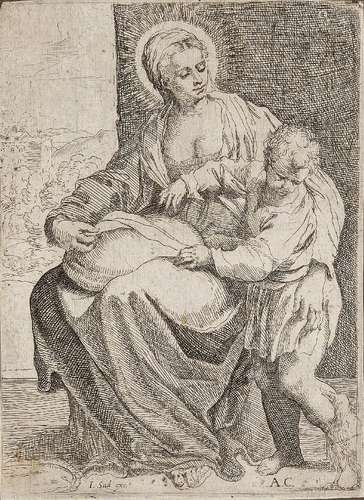 Annibale Carracci, Italian 1560-1609- The Virgin seated holding a pillow on her lap with the young