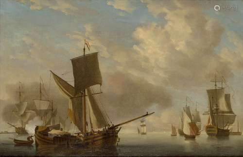 Follower of Charles Brooking, British 1723-1759- Dutch shipping with a frigate firing the mid-day