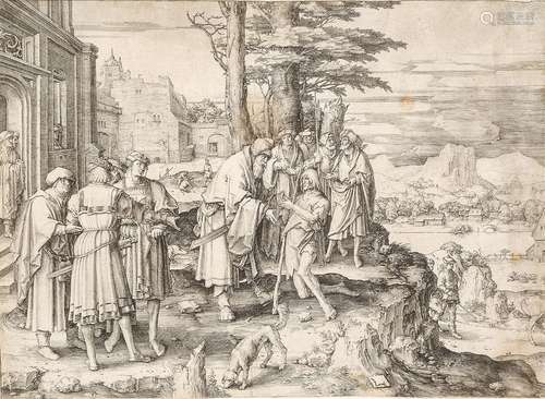 Lucas van Leyden, Dutch 1494-1533- The Return of the Prodigal son; engraving, watermarked with