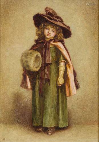 Kate Greenaway RI, British 1846-1901- Little Girl with Muff; watercolour, signed with initials,