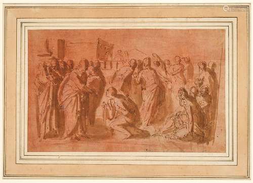 Neapolitan School, early 17th century- Biblical scene with a figure kneeling before Christ; pen