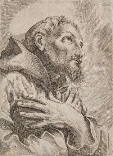 After Annibale Carracci, Italian 1560-1609- Penitent Saint Francis; engraving, signed within the