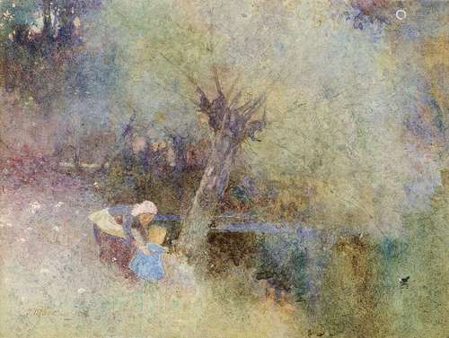 Thomas Mackay, British 1851-1920 exh 1893-1912- Baby’s First Steps; watercolour, signed and dated