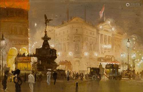 George Hyde-Pownall, British 1876-1932- Piccadilly Circus; oil on board 15x23.2cm Provenance: with