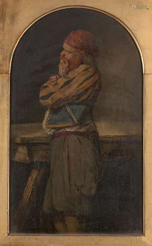 Circle of Erskine Nicol RSA ARA, Scottish 1825-1904- Portrait of a man clutching a dagger; oil on