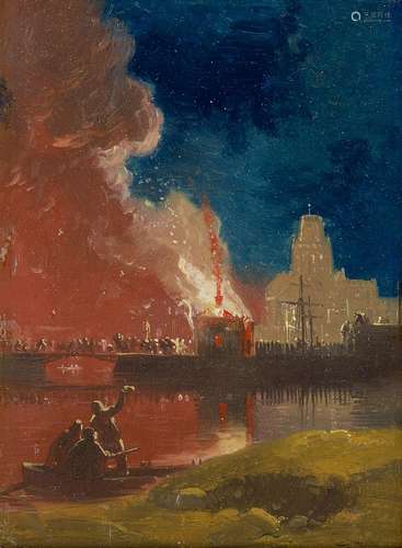 James Baker Pyne RBA, British 1800-1870- The Burning of Bristol; oil on panel, 13.5x10cm Provenance: