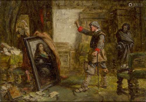 Follower of Jean-Louis Ernest Meissonier, French 1815-1891- Cavalier surveying a painting in a