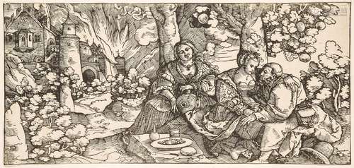 After Hans Schäufelein, German c.1480-c.1540- Lot and his Daughters; woodcut, 17.1x36.7cm (