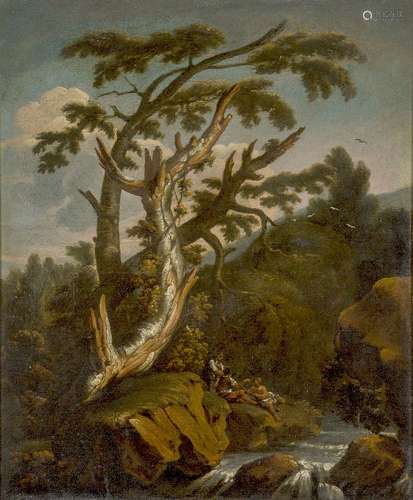 Follower of Salvator Rosa, Italian 1615-1673- Figures seated by a waterfall within a woodland; oil