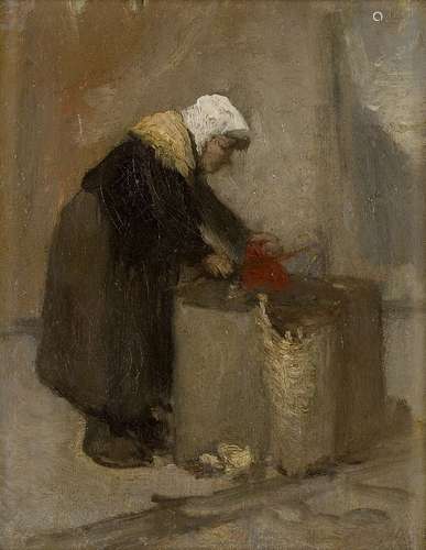 Circle of Eugene Anatole Carriere, French 1849-1906- Sorting Roses; oil on canvas, 27x21.2cm