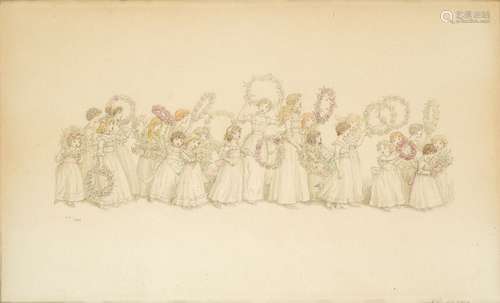 Kate Greenaway RI, British 1846-1901- Procession of Maidens with Pink Garlands; watercolour over