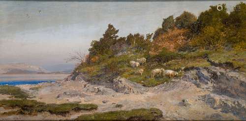 Henry Moore RA RWS, British 1831-1895- Coastal landscape with sheep; oil on canvas, signed and dated