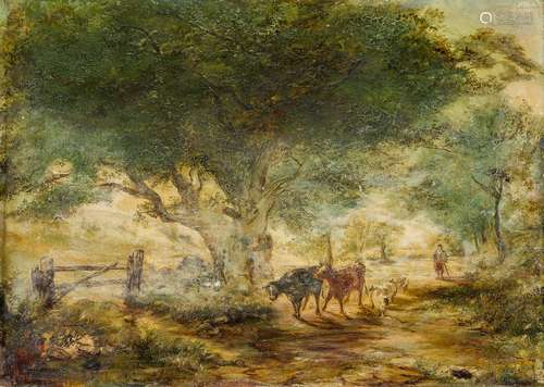 British School, mid-late 19th century- A shepherd with cows and and sheep; oil on panel, 32.