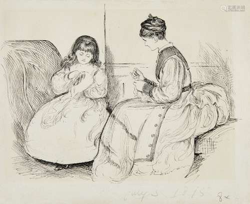 George du Maurier, French/British 1834-1896- A Woman and child stitching; pen and black ink, dated