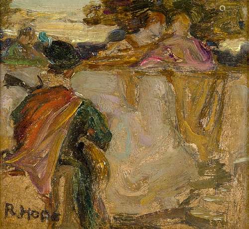 Robert Hope RSA, Scottish 1869-1954- Fete Champetre; oil on board, 13x14cm Provenance: with The Fine