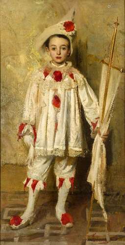 Cesare Tallone, Italian 1853-1919- The Little Pierrot; oil on canvas, signed, 157.5x81cm Provenance: