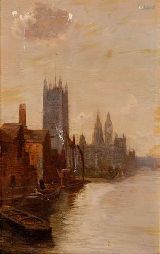 George Hyde-Pownall, British 1876-1932- Westminster from Lambeth Bridge; oil on panel, signed,