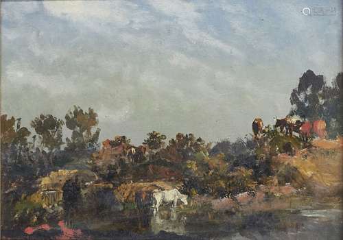 Circle of Francis Danby ARA, Irish 1793-1861- Landscape with cows by a river; oil on card, bears