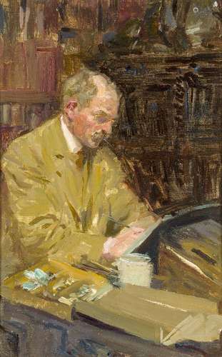 Cyrus Cincinato Cuneo ROI, American 1879-1916- Portrait of the artist sketching at the Langham;