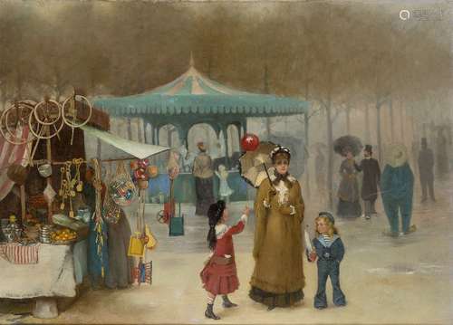 Henry Jones Thaddeus, Irish 1859-1929- Mother and children at a winter fair in the Tuileries; oil on