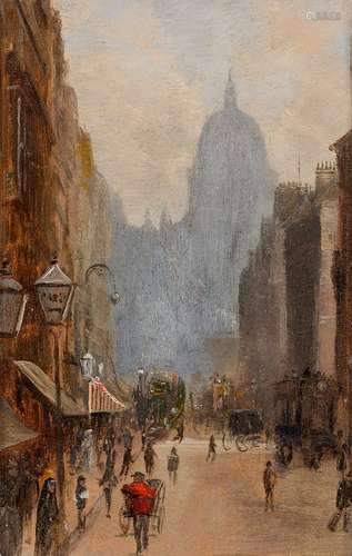 George Hyde-Pownall, British 1876-1932- Fleet Street; oil on board, signed and titled in pencil on