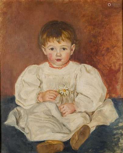 British School, late 19th century- Portrait of artist's daughter holding a daisy; oil on canvas,