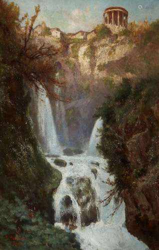 Pietro Barucci, Italian 1845-1917- The Falls of the Aniene and Tempe of Vesta, Tivoli; oil on