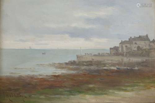 Georgina Martha de l'Aubiniere, British 1843-1930- Coastal landscape with cottages; oil on canvas