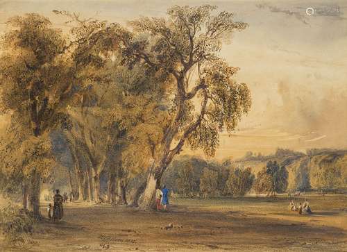 William Callow RWS, British 1812-1908- Elegant party beneath an avenue of trees in a wooded