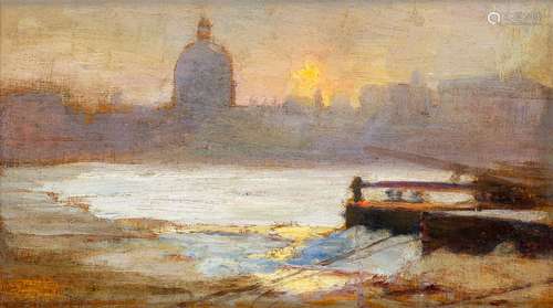 Roderick Dempster Mackenzie, British 1865-1941- Scene at Seine; oil on panel, bears inscription on