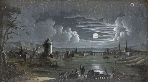 Attributed to Charles Claude Delaye, French 1793-1848- Moonlit river scene with windmill; oil on