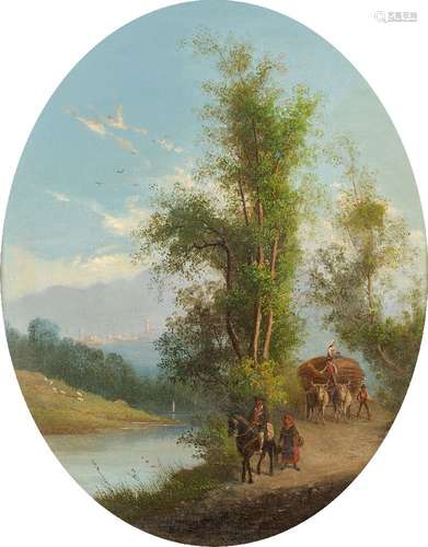 British School, late 19th century- Returning home from the fields with a hay wagon on a wooded river