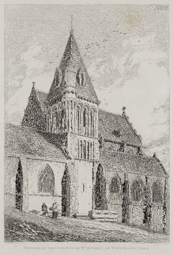 John Sell Cotman, British 1782-1842- Tower of the Church of St Michel de Vaucelles, Caen; etching,